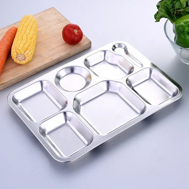 

Wholesale Custom 7 Compartments Dinner Canteen Plate Stainless Steel Metal Fast Food Tray