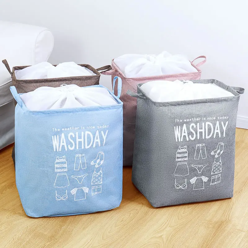 

Basket Laundry with Durable Leather Handle, Drawstring Waterproof Round Cotton Linen Collapsible laundry Basket, Customized color