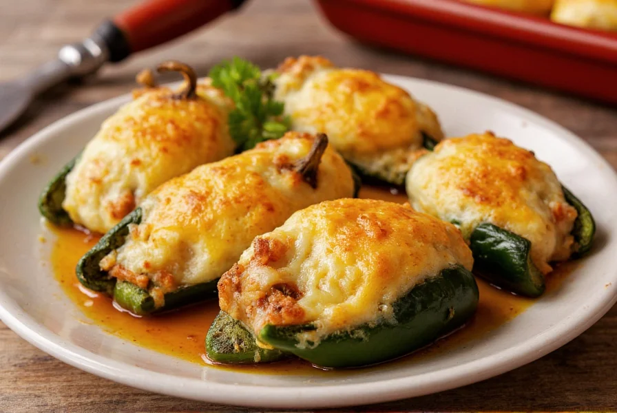 Traditional Mexican chili relleno showing roasted poblano peppers stuffed with cheese and coated in egg batter