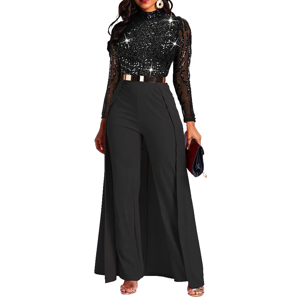 

YQY9691 2022 Spring and Autumn Sexy Fashion Splicing Women Sequin Jumpsuit Long Sleeve Wide Leg Jumpsuit Women