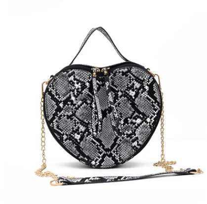 

High Quality Girls Fashion Snakeskin Leather Crossbody Bucket Bag Women Heart Shaped Diamond Shoulder Bag, Same as pics