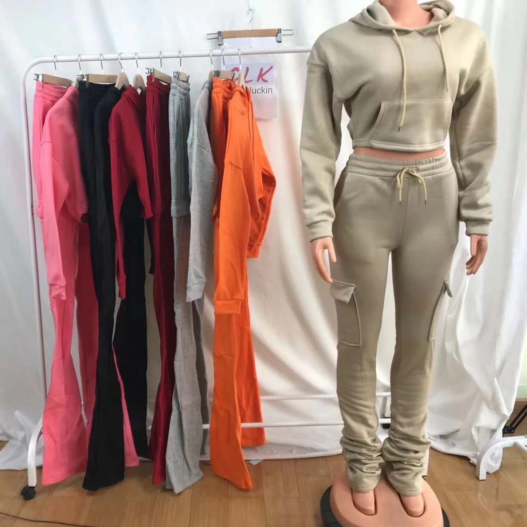 

Fall Set Woman Thick Fleece hoodie Jogging Set Stack Cargo Pant Sweatpants Jogger Two Piece Pants Set Women Sweatsuit Tracksuit