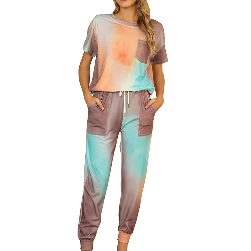 

Leopard Printing Tie Dye Printed Short Sleeve Long Joggers Sleepwear Lounge women 2 piece tshirt and pant pajamas set