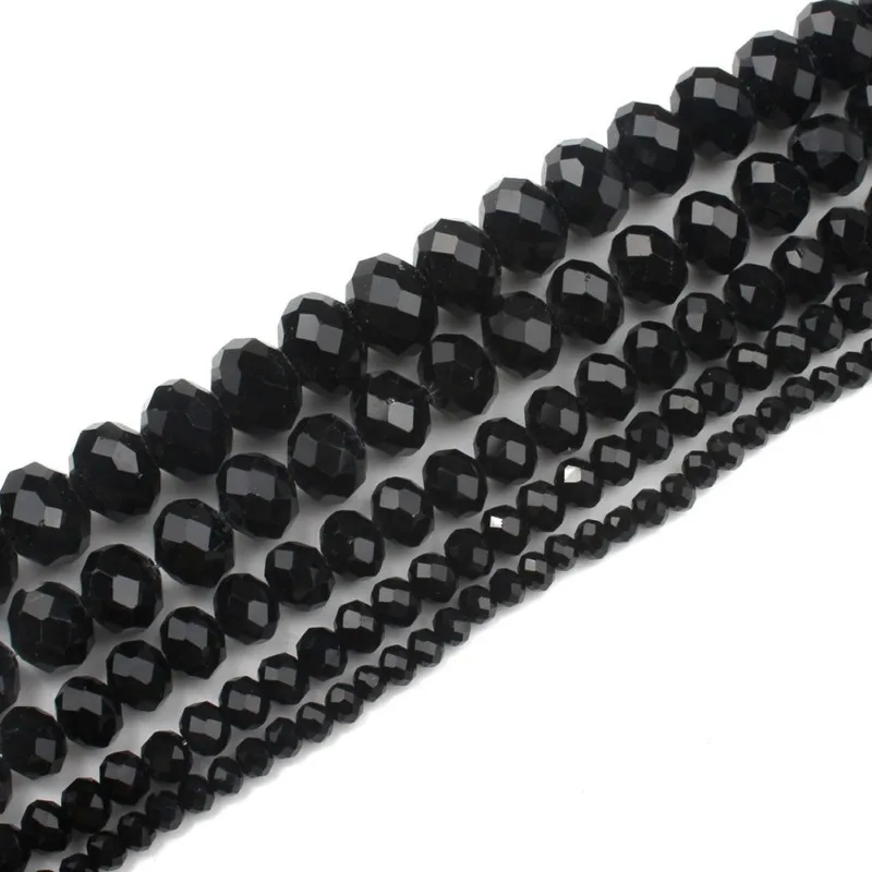 

4-12mm Rondelle Black Faceted Crystal Glass Beads Round Loose Spacer Beads for Jewelry Making