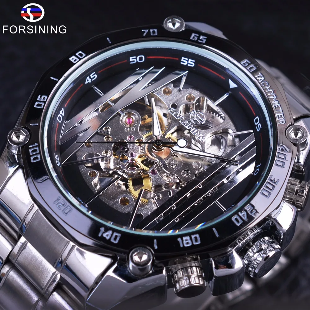 

Forsining Mens Watches Military Sport Design Transparent Skeleton Dial Silver Stainless Steel Top Brand Luxury Automatic Watches, 4-colors