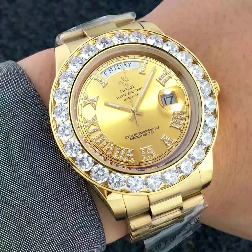 

LGXIGE LM015 luxury gold mens quartz watch stylish Stainless steel band Waterproof date display big business wrist watch