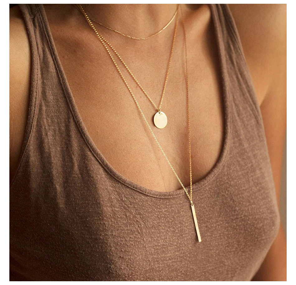 

Dress Multi Layer Necklace Set Round Bar Pendant Women Elegant Stainless Steel Necklace Trendy 14k Gold Plate Jewelry Gold Chain