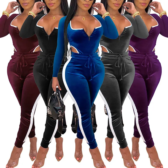 

Latest design long sleeve jumpsuit for women two piece velvet Womens winter fitness jumpsuit