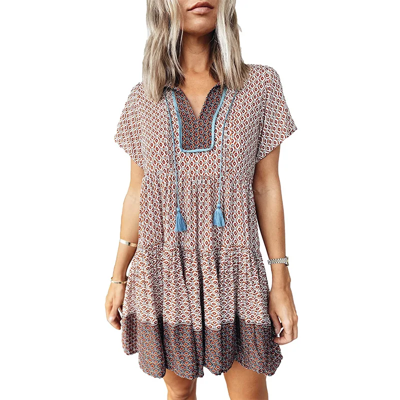 

Free Shipping T352 dress Buttons clothing Contrast Color Floral print Dress Woman Short Sleeve Adjust Strappy Beach Dress