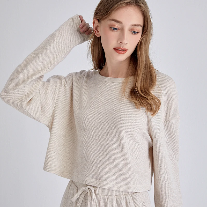 

sil-u High quality winter polyester custom crew neck womens plain sweatshirt waffle knit pullover oversized cropped pullover, Mixed