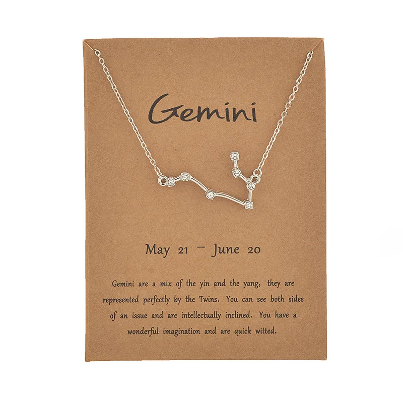 

New Style Silver Color Plating Rhinestone 12 Constellations Zodiac Signs Brown Card Necklace