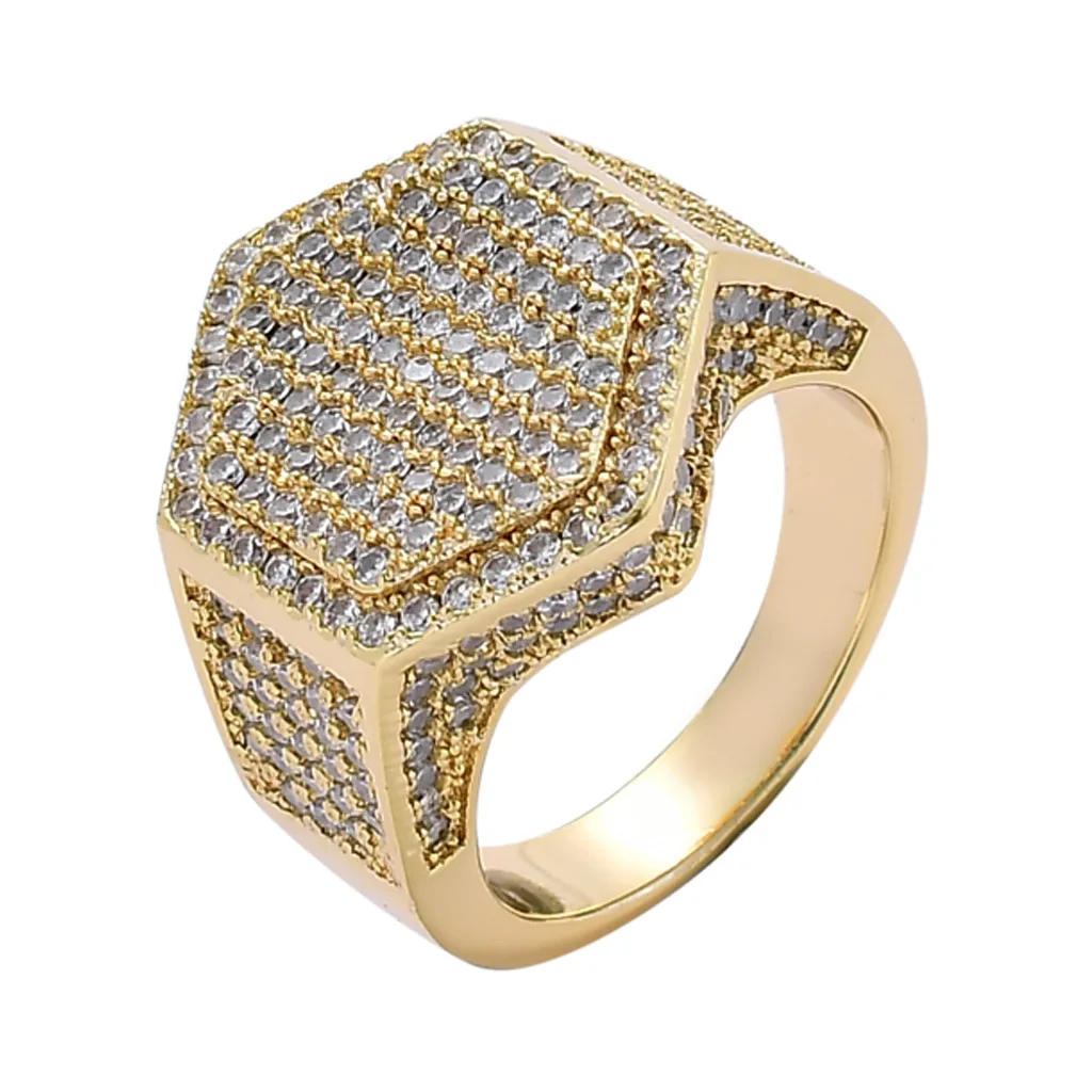 

Luxury Hot Selling Full Zircon Ring High Quality Hip Hops Real Gold Plated Micro Paved Cubic Zirconia Hexagonal Rings For Men