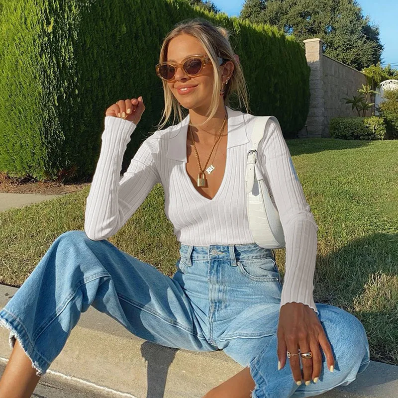 

INS fashion women ribbed crop sweater basic solid knit sweater long sleeve v-neck women's sweater