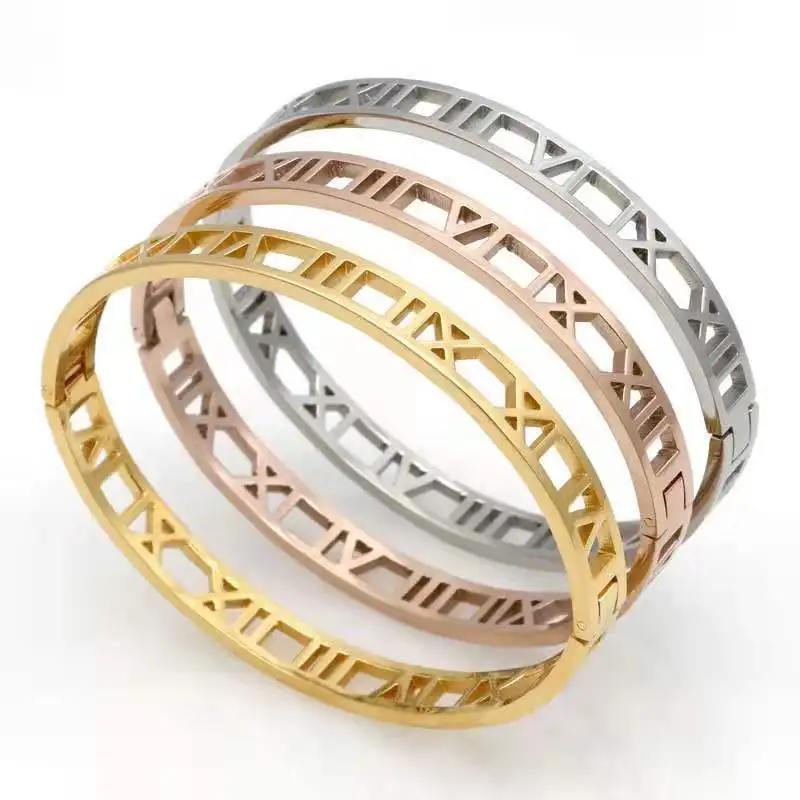

Hollow Roman Numerals Bangle Bracelet Women's Jewelry Bangle Fashion Stainless Steel Gold Women Bangle