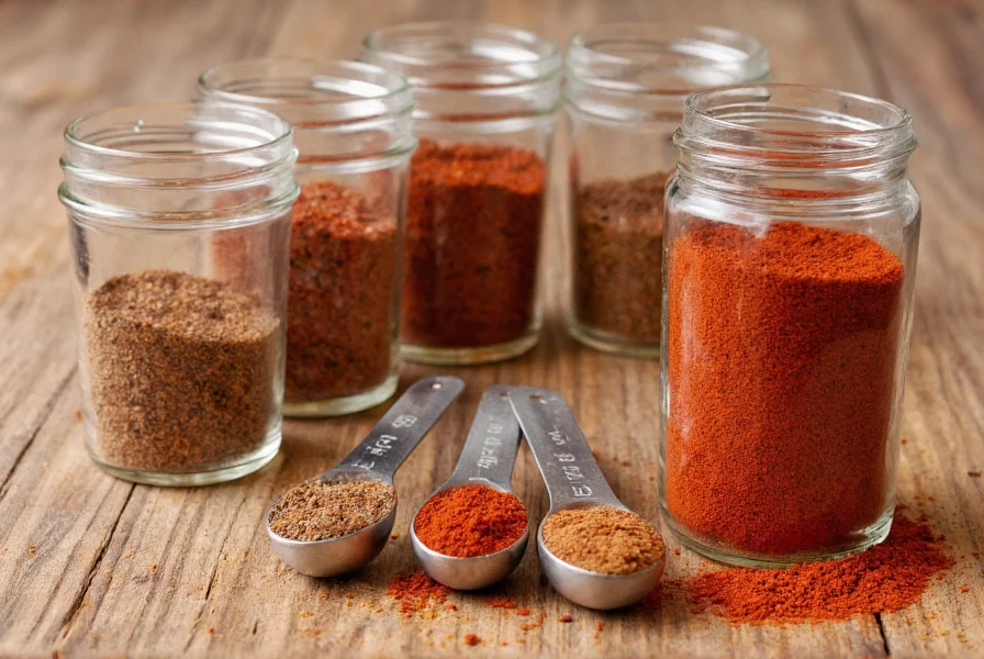 Homemade chili spices in glass jars with measuring spoons showing precise measurements for authentic chili seasoning blend