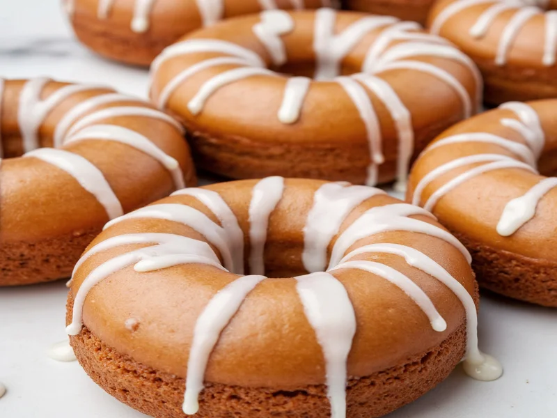 Shiny white glaze drizzled over fresh cinnamon donuts