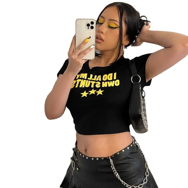 

Wholesale Custom Spring Letter Print Crop Short Style Graphic T-shirts For Women 100% Cotton