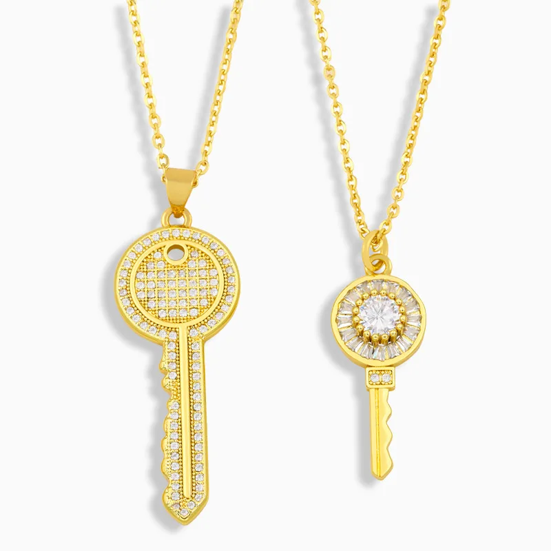 

Gold Zircon Plated Key Necklace 18K Gold Plated Copper Key Pendant Necklace Female Jewelry Fashion Link Chain Necklace, Gold necklace