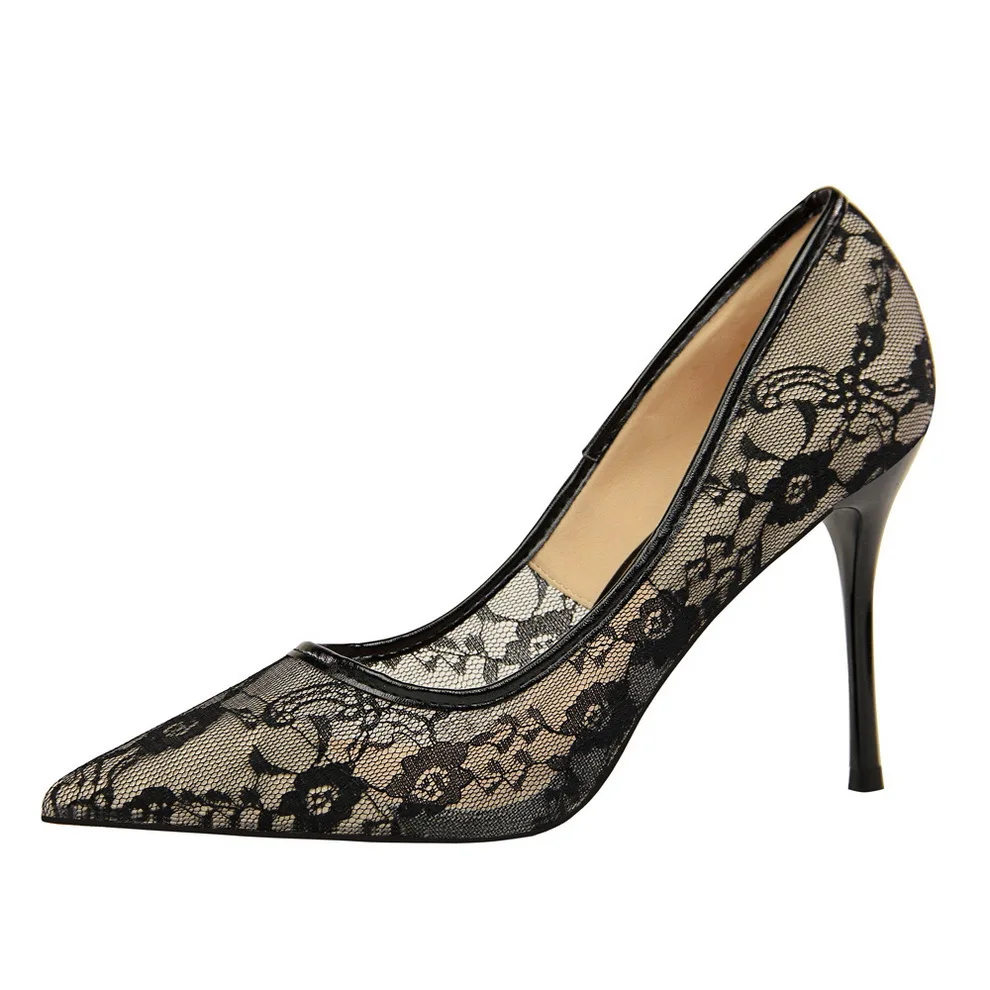 

2022 New Arrival Summer Street Ladies Sexy High Heels Pure Color Mesh Lace Pointed Stiletto Heel Women Pumps 2021