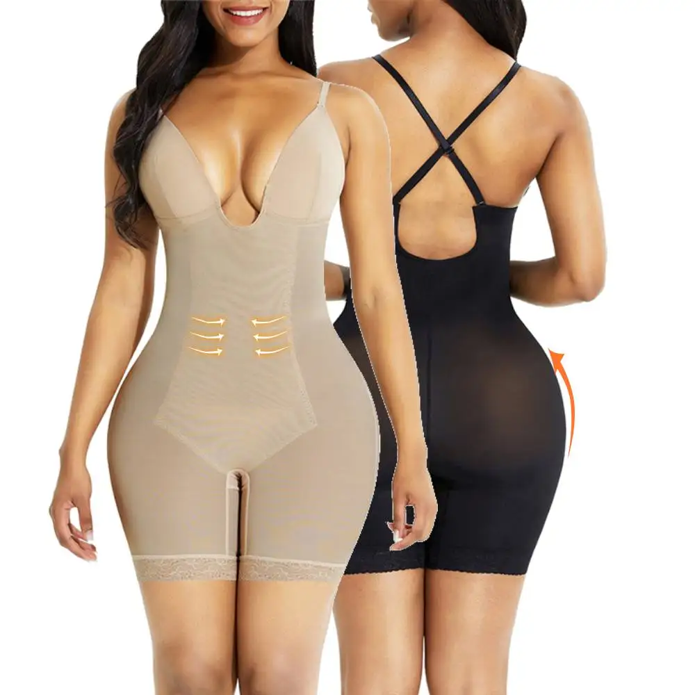 

Wholesale Fashion Shapewear Boyshorts Slimming Waist Trainer Tummy Control Plunge V Workout Bodysuits For Women, As shown