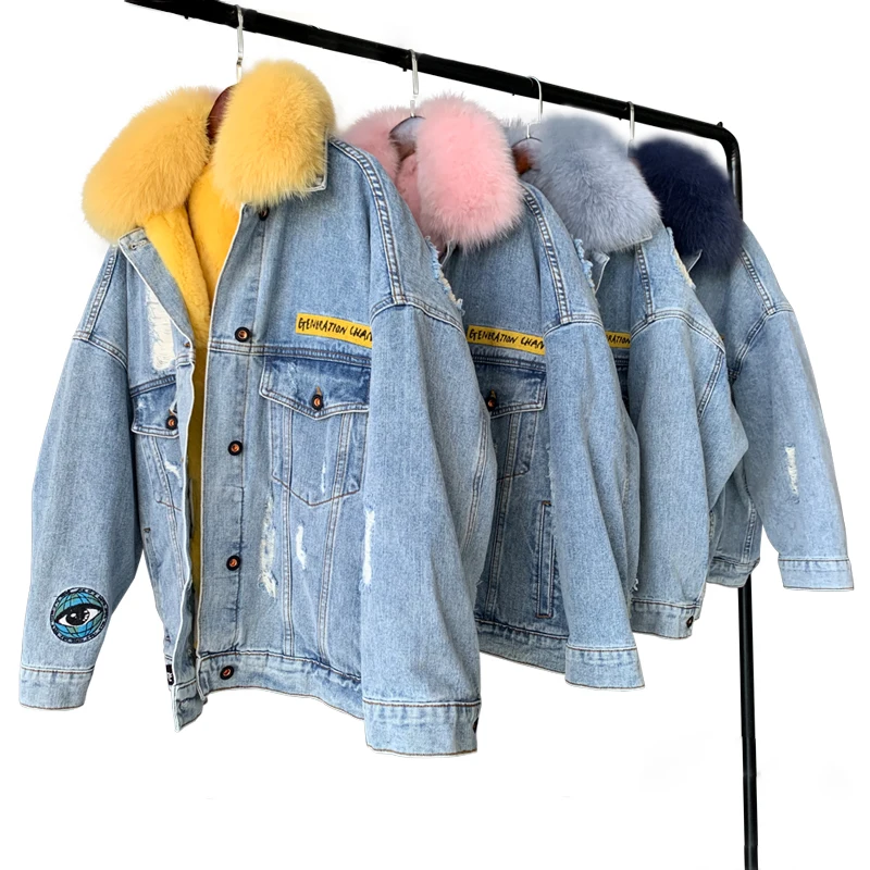 Street Style Plus Size Women Winter Coat Real Rex Rabbit Fur Lining Pink Fur Parka Fox Collar Embroidery Denim Fur Coat