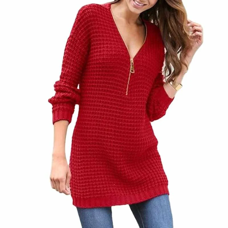 

long sleeves V neck knitted plus size zipper pullover sweater for women