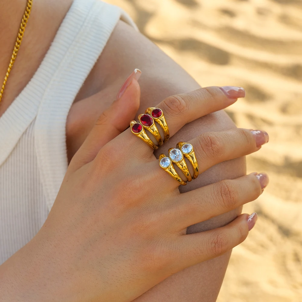 

Trendy Stainless Steel 18K Gold Plated Opening Ring Gift Cubic Zirconia Three Layer Rings for Girls