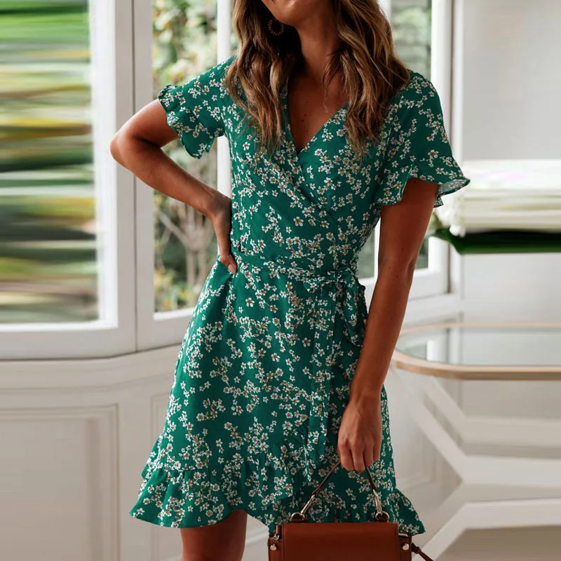 

2021 new arrival women floral casual dresses v neck flower print dress
