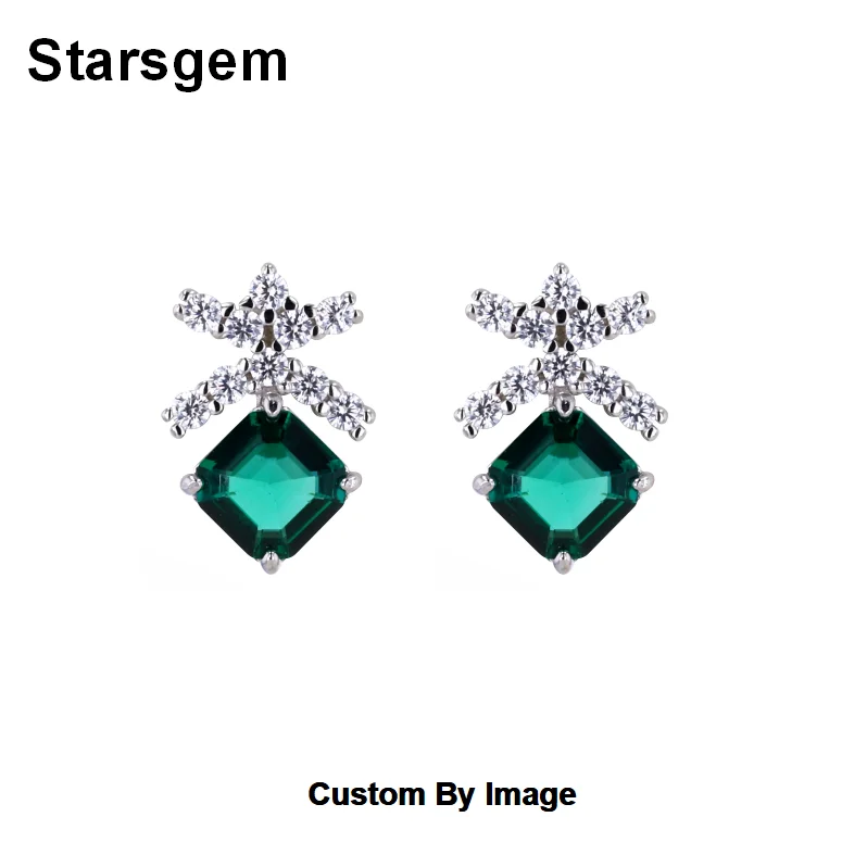 

Starsgem 925 Sterling Silver Jewelry 6*6mm Emerald Luxury Stud Earrings