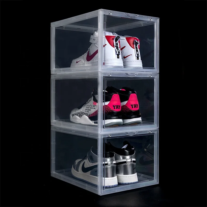 

2022 Amazon hot Clear Magnetic shoe box storage Drop Front sneaker box custom plastic shoe boxes Acrylic stackable Transparent, White/black