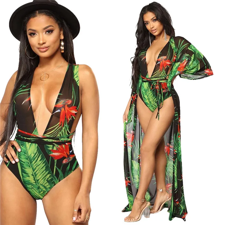 

Europe and America fresh style long bikini coat sexy green floral Print jumpsuit two piece swimsuit