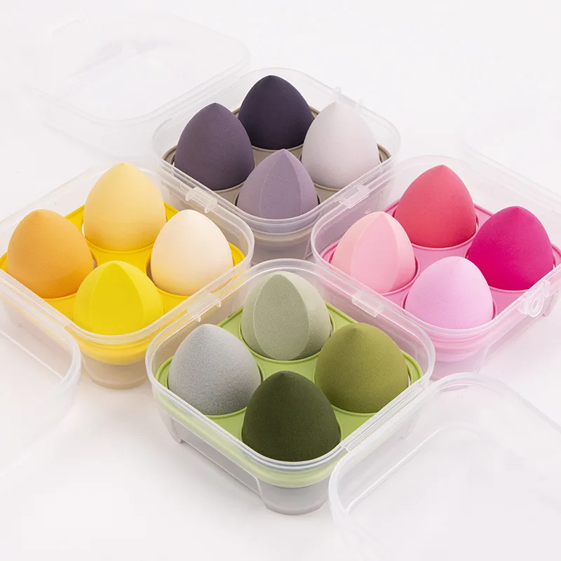 

Hot Sale 4 Pieces Box Colorful Beauty Sponges Set With Egg Box Beauty Facial Foundation Blending Makeup Sponge Set, Multiple colors