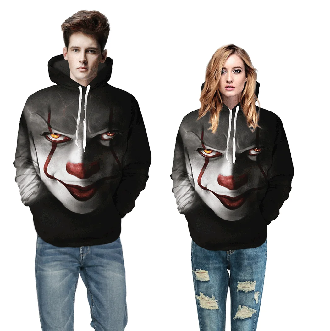 

Punk Joker 3D Printed Hoodies Baseball Uniform Men's Hoodies Oversize Clown Horror Face Hooded Sweatshirt For Friends Couple