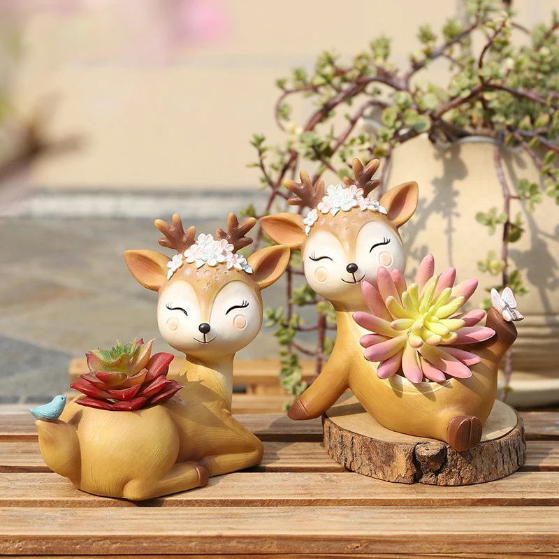 

Fairy Garden Decor Cartoon Deer Flowerpot Succulent Planter Pots Animal Sika Deer Craft Desktop Cactus Flower Pot