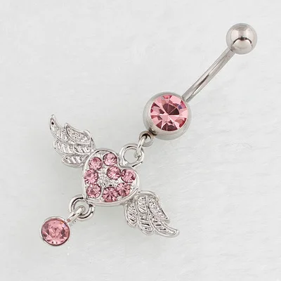 

Fashion 1PC Piercing Pink Color Crystal Rhinestone Body Jewelry Accessories 14G Surgical Steel Wing Heart Belly Navel Ring, Sliver