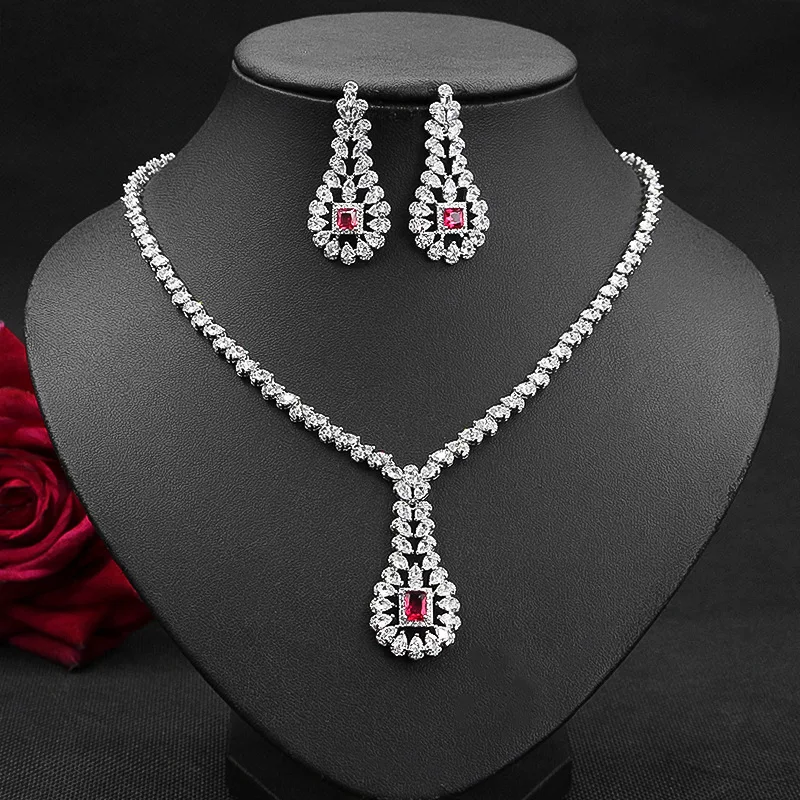Custom Platinum Pear Shaped Diamond Wedding Necklace Earrings Jewelry Set