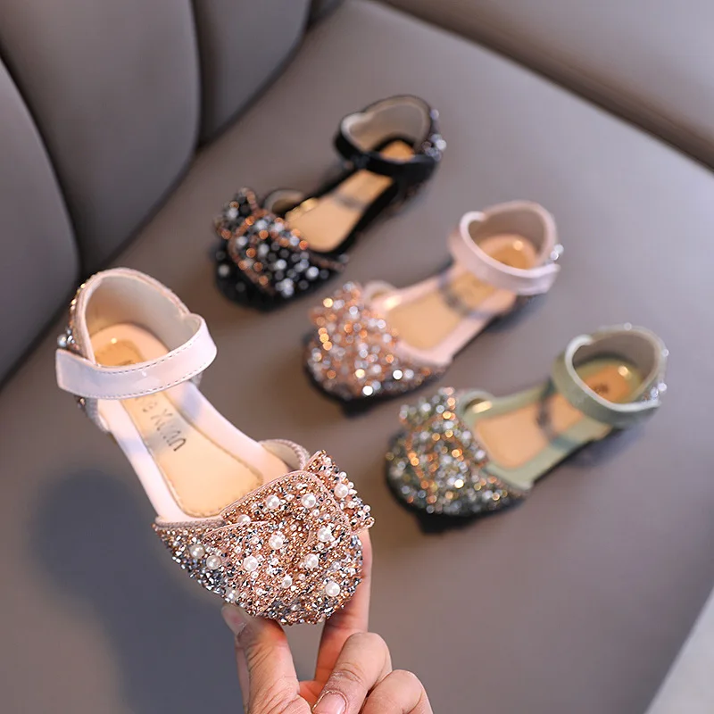 

2021 New Fashion Diamond Children's Sandals Shoes Sequined Baby Girl Casual PU Kids Shoes, Black,sliver,pink