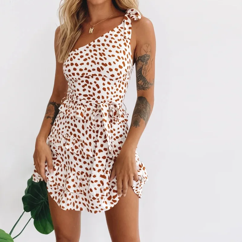 

New Leopard Printed Lace Up Waist Digital Printing Skirt Slant Shoulder Sexy Dress