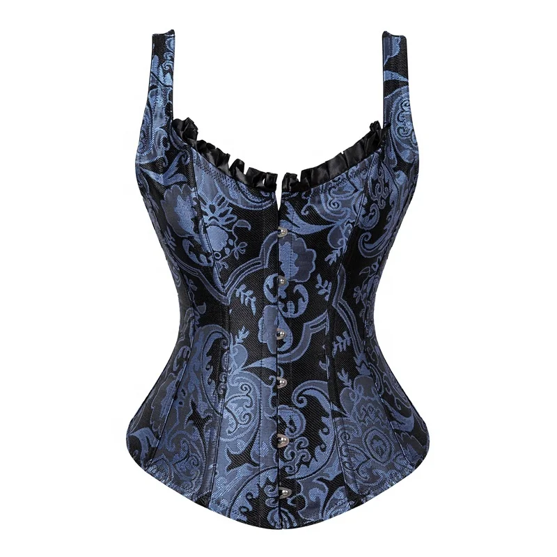 

Most Effective Shapewear Printing Vest Classic Steel Boned Waist Training Corset Gathering Ruffles Gothic Corset, Blue, silver can be customerized