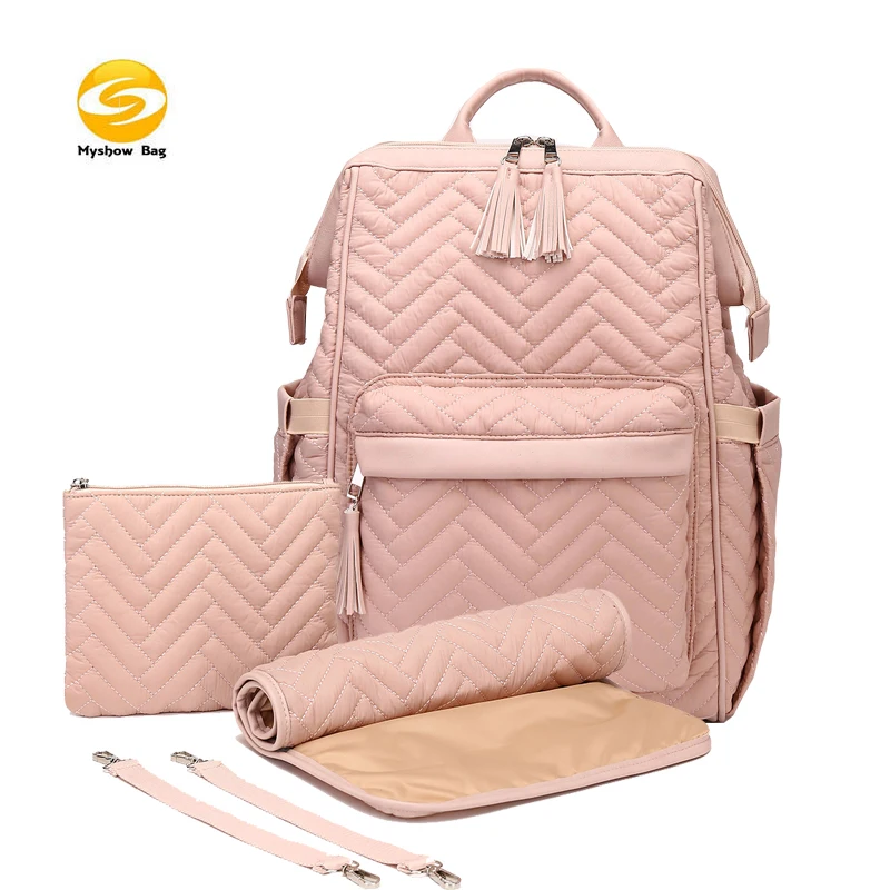 

quilted nylon diaper bag backpack,2020 new design pink diaper bag baby bag for mom send free wipe pouch and changing pad