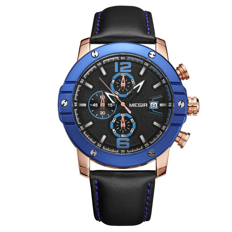 

MEGIR 2046 Men Watch Relogio Masculino Top Brand Luxury Leather Military Watch Clock Men Quartz Watches Relojes Hombre, Black, blue, silver, red