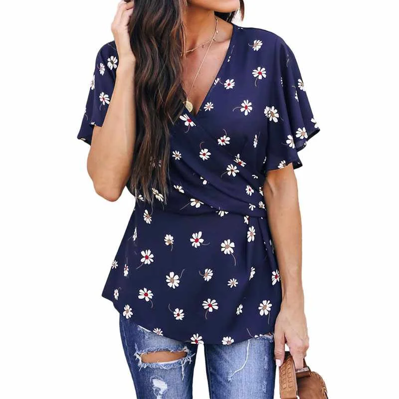 

Summer Casual Tops For Women V Neck Short Sleeve Daisy Floral Printed Twist Blouse