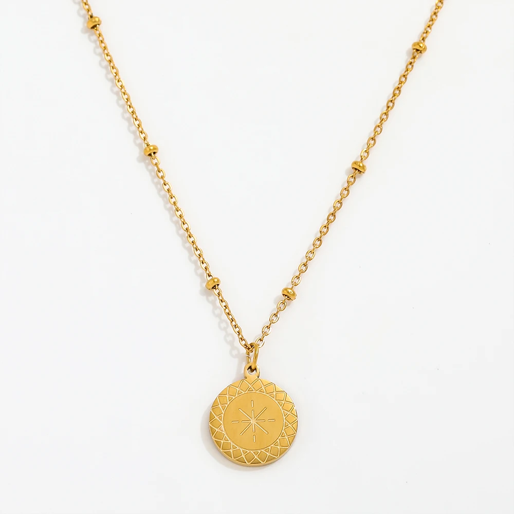 JOOLIM 18k PVD Gold Plated Starburst Round Coin Pendant Necklace Stainless Steel Necklace