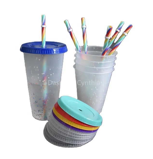 

LOW MOQ 16oz 24oz Confetti Tumbler Plastic Cup Color Changing Cup Tumbler with rainbow Straw And Clear Blue Color Lid