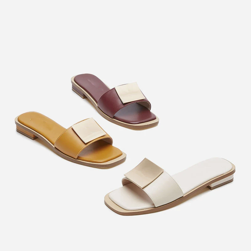 

women square toe flat slipper big buckle upper design lady slid on flat heel sandals, Customized color