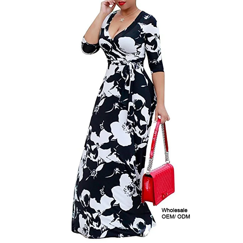 

Women's Plus Size Sexy V Neck Floral Long Sleeves Maxi Dresses Casual Loose Party Prom Ladies Outfits, Customized color