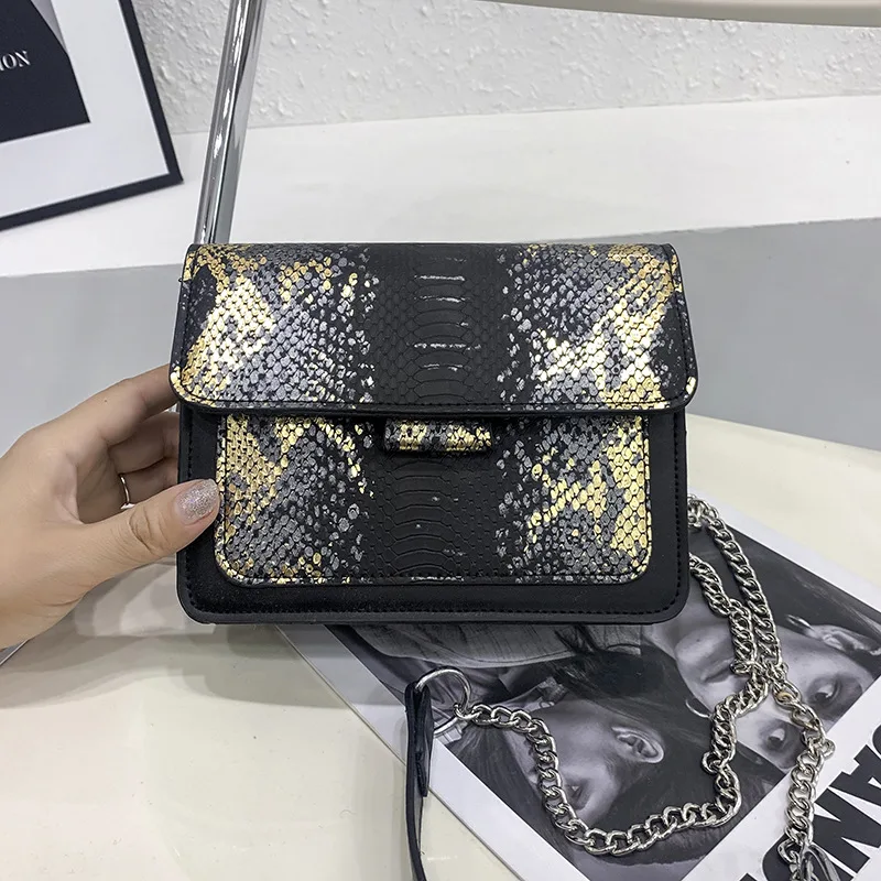 

Trendy shiny snake print pu leather ladies chain messenger shoulder bags women handbags small and square, 4colors