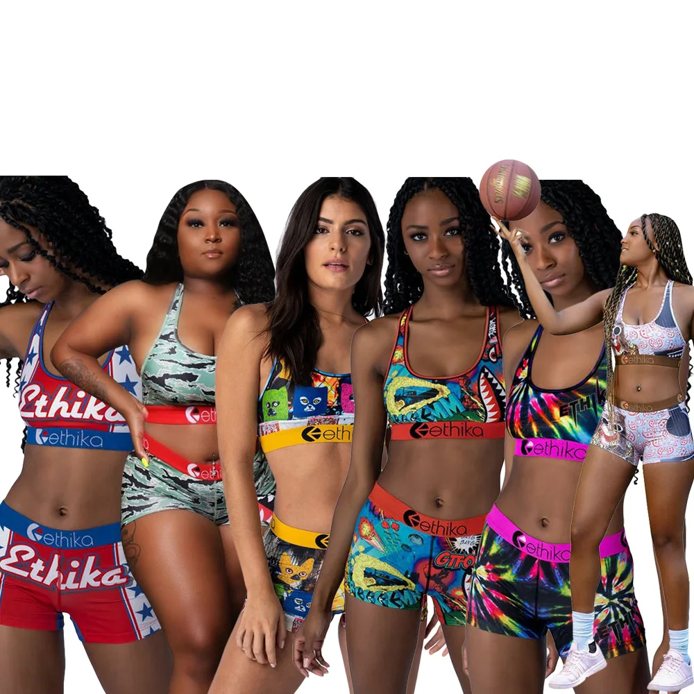 

high quality ethika women set new Tracksuit highstreet sports two piece ethika suit T back printed crop top suit, As picture