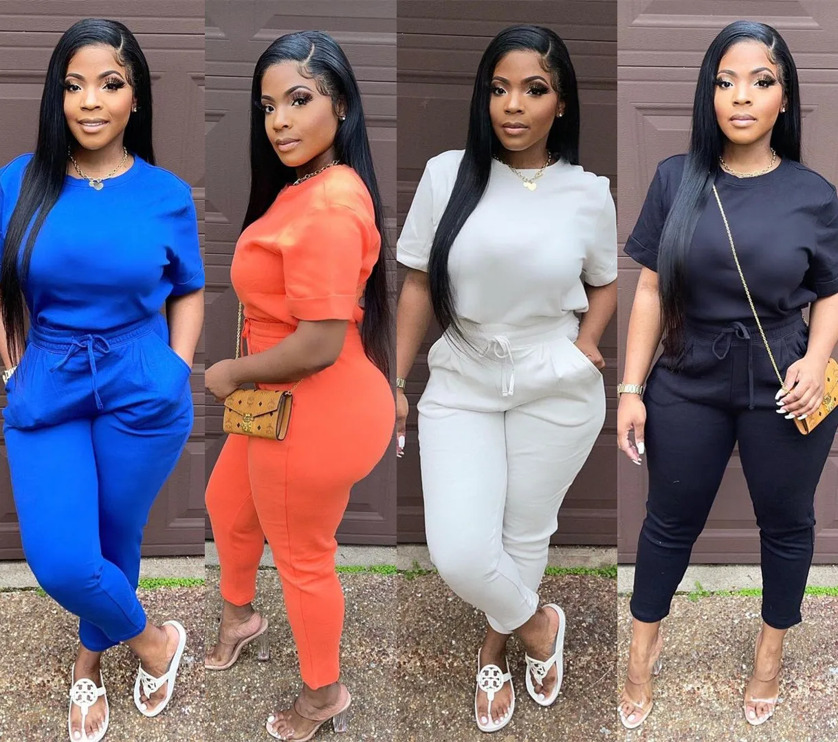 

2021 New Arrivals Top Sellers Solid Color Short Sleeve Long Pants 2 Piece Set Women Two Piece Short Set Two Piece Pants Set