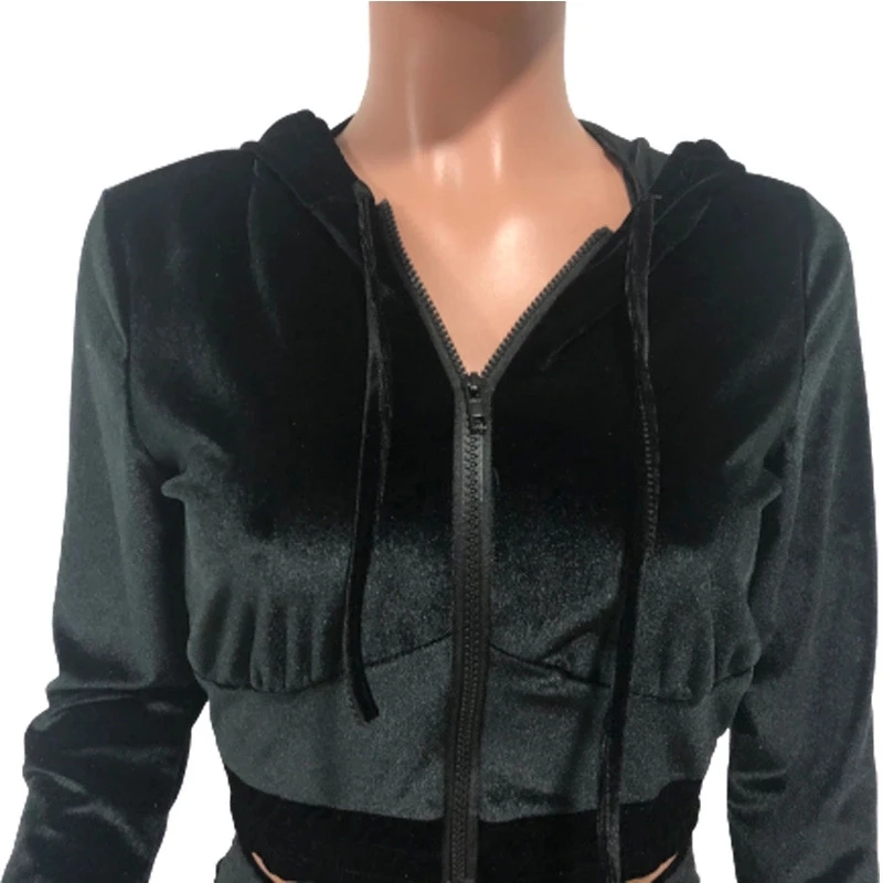 
2021 Women Hot sale Long sleeves Hoodie Crop top Velvet fabric 2 pieces Casual Hoodie Sport sweatshirt Outfit 